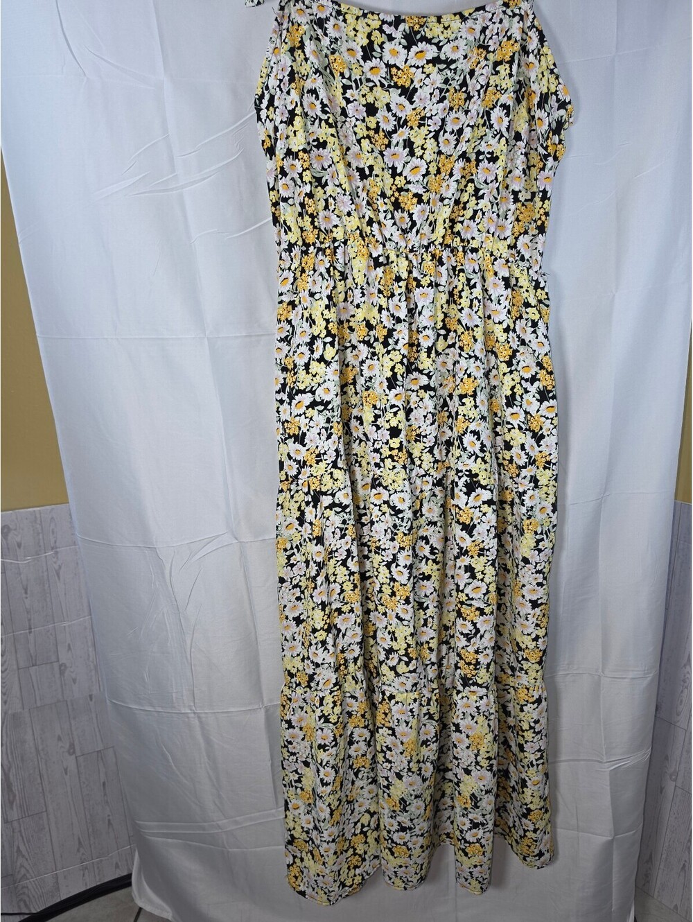 Social Standard b Sanctuary XXL Floral Maxi Dress Black Yellow Smocked Tie Strap